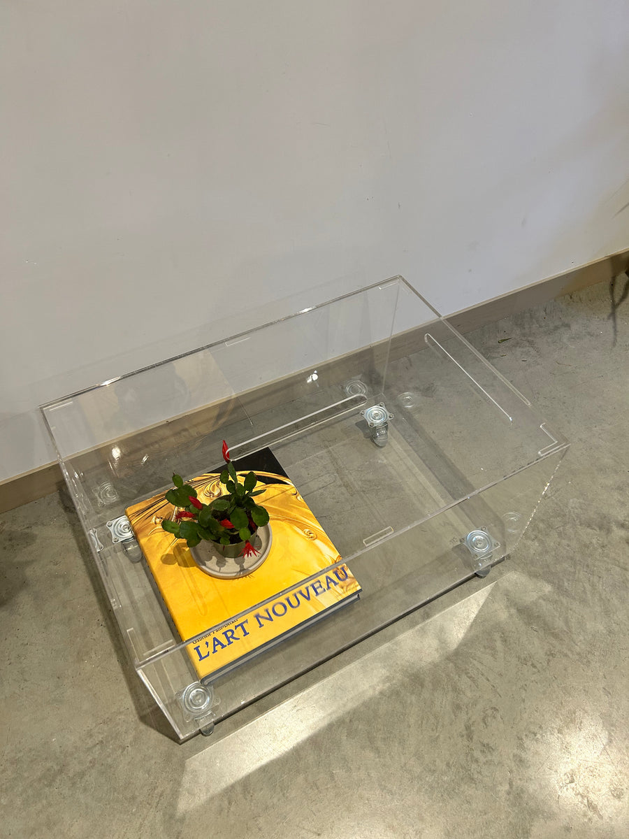 Small lucite coffee table with storage on wheels Turquoise's Treasures