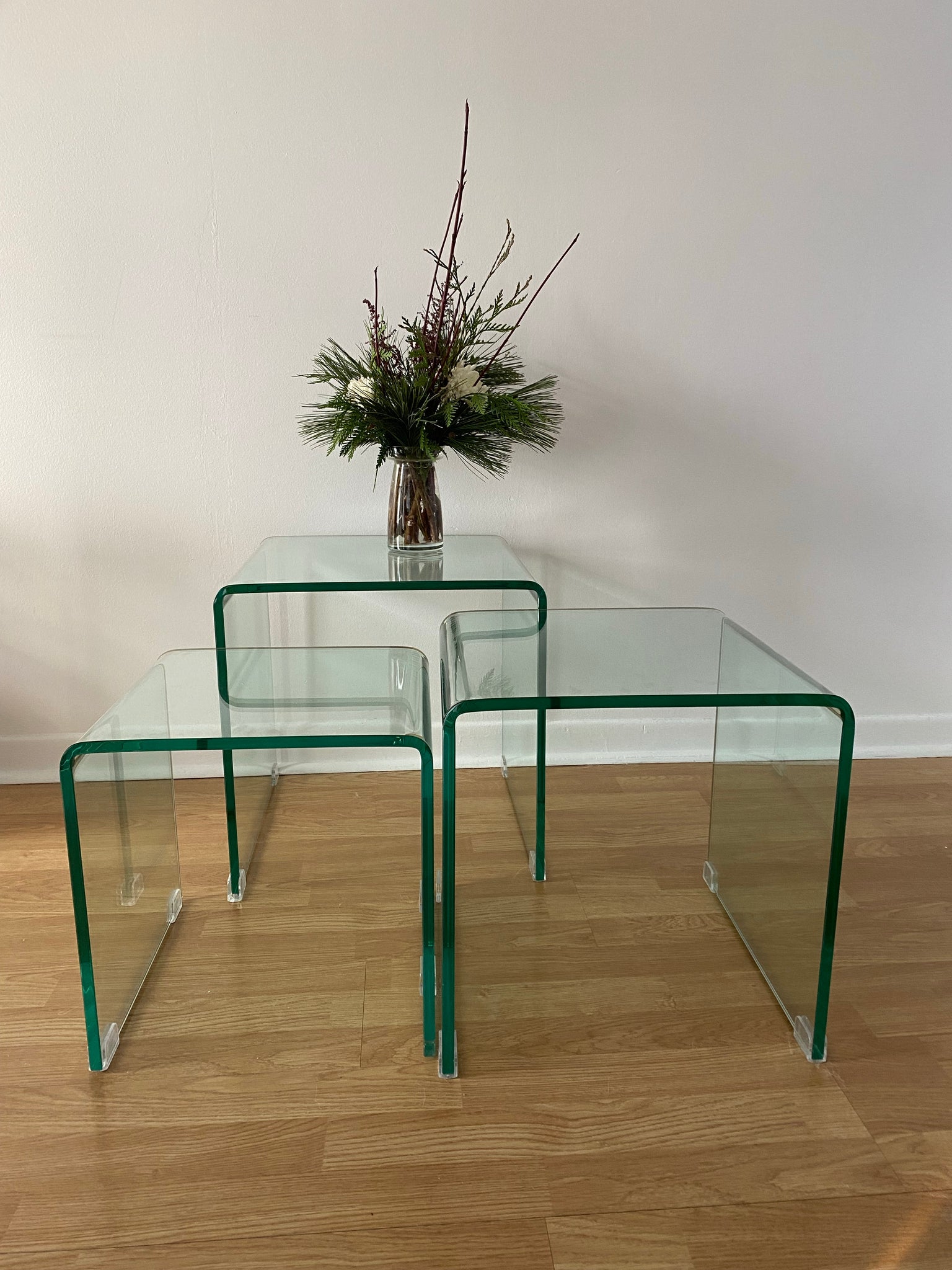 Trio of small tempered glass waterfall nesting side tables