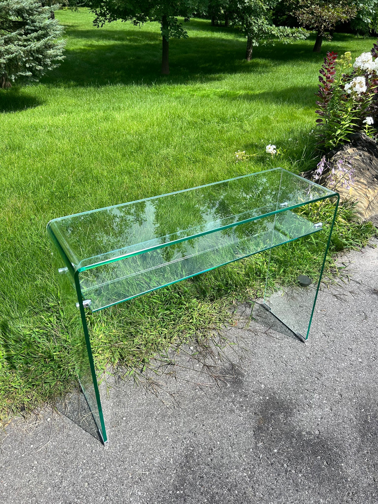 Waterfall glass console table / desk with tablet