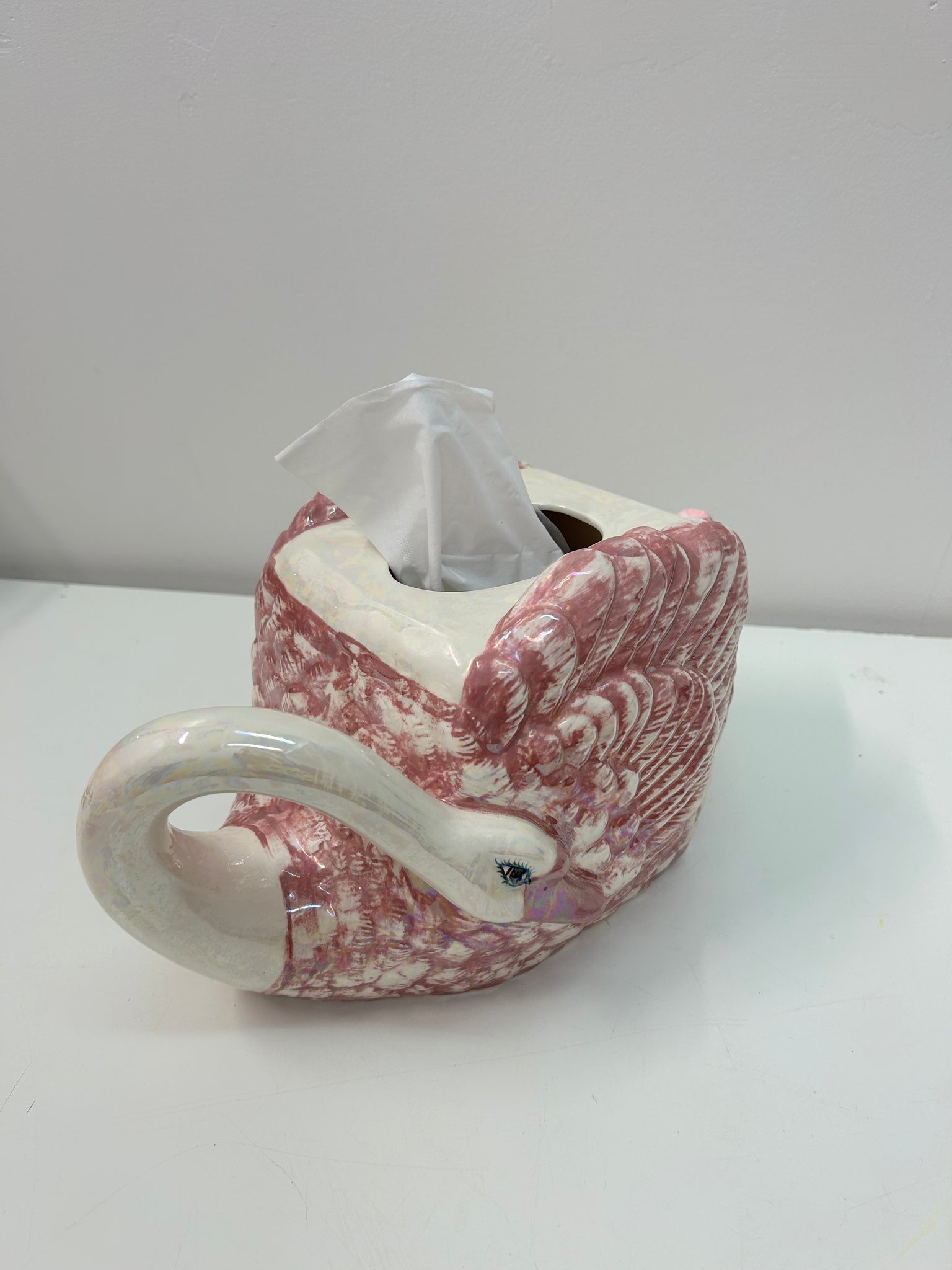 Iridescent ceramic swan kleenex box cover