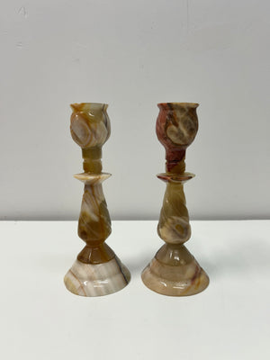 Pink and cream marbled stone onyx candleholders