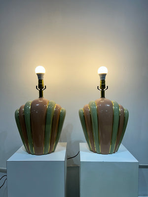 Pink & green art deco ceramic lamps