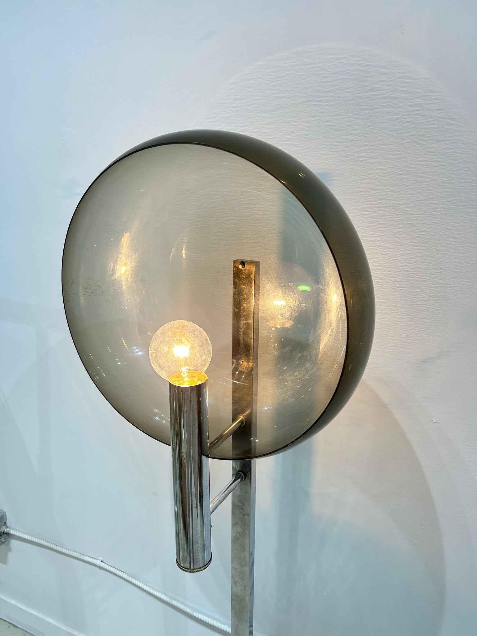 Smokey lucite dome and chrome Space Age floor lamp