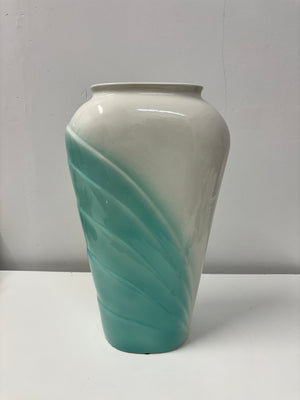 Grand vase art deco en céramique turquoise et blanc