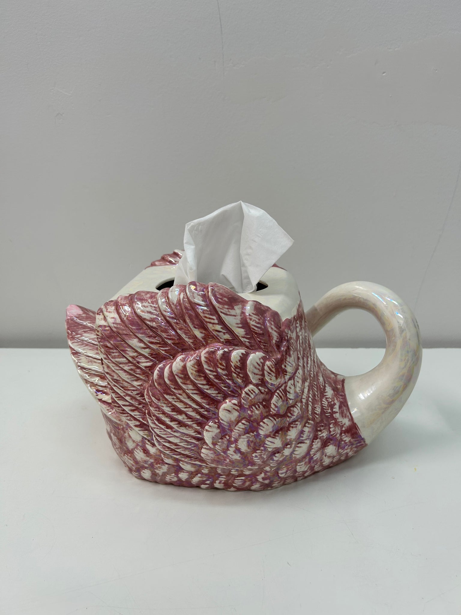 Iridescent ceramic swan kleenex box cover