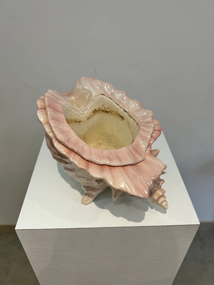 Large iridescent pink ceramic seashell planter