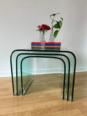 Trio of large curved tempered glass waterfall nesting side tables