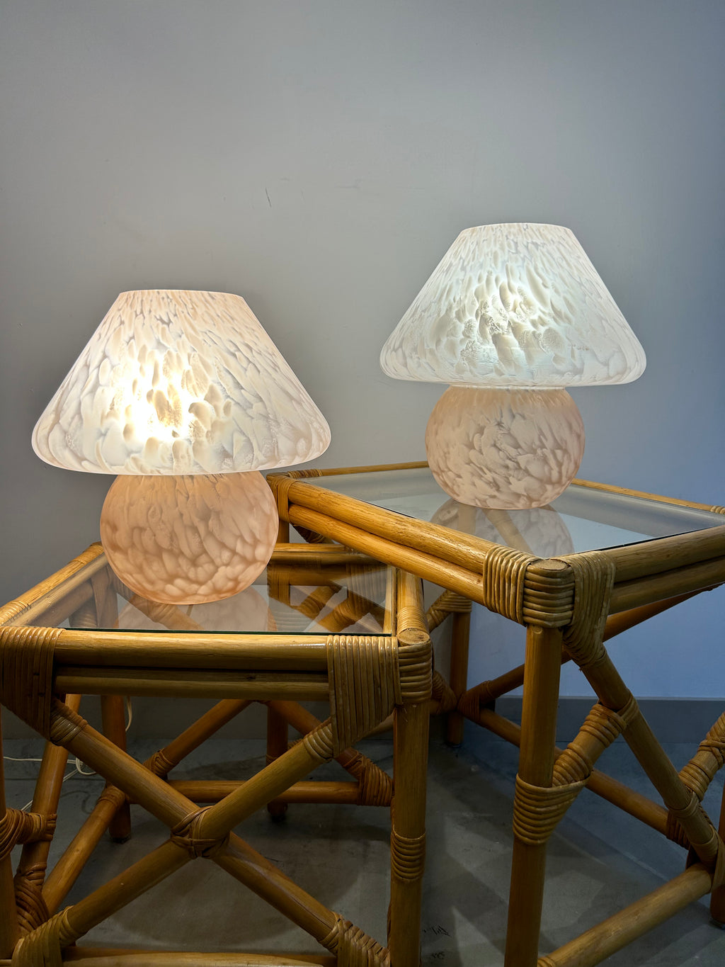 Authentic frosted & speckled pink Murano glass mushroom lamps