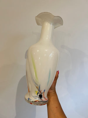 White glass vase with colorful specks