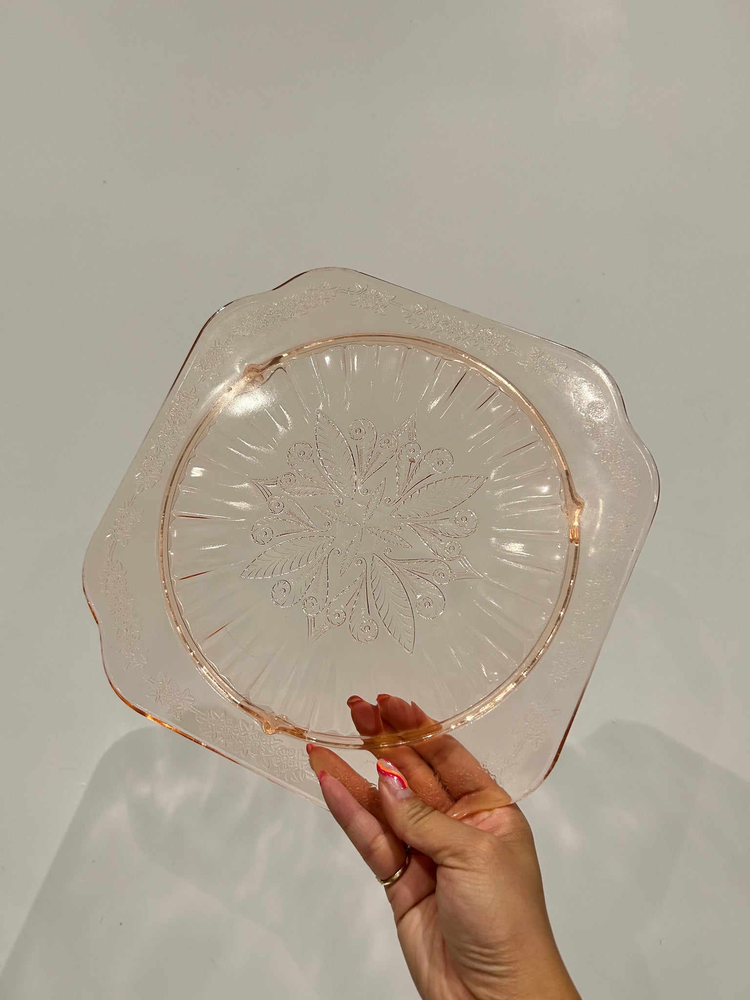Selection of pink depression glass style glassware part 14