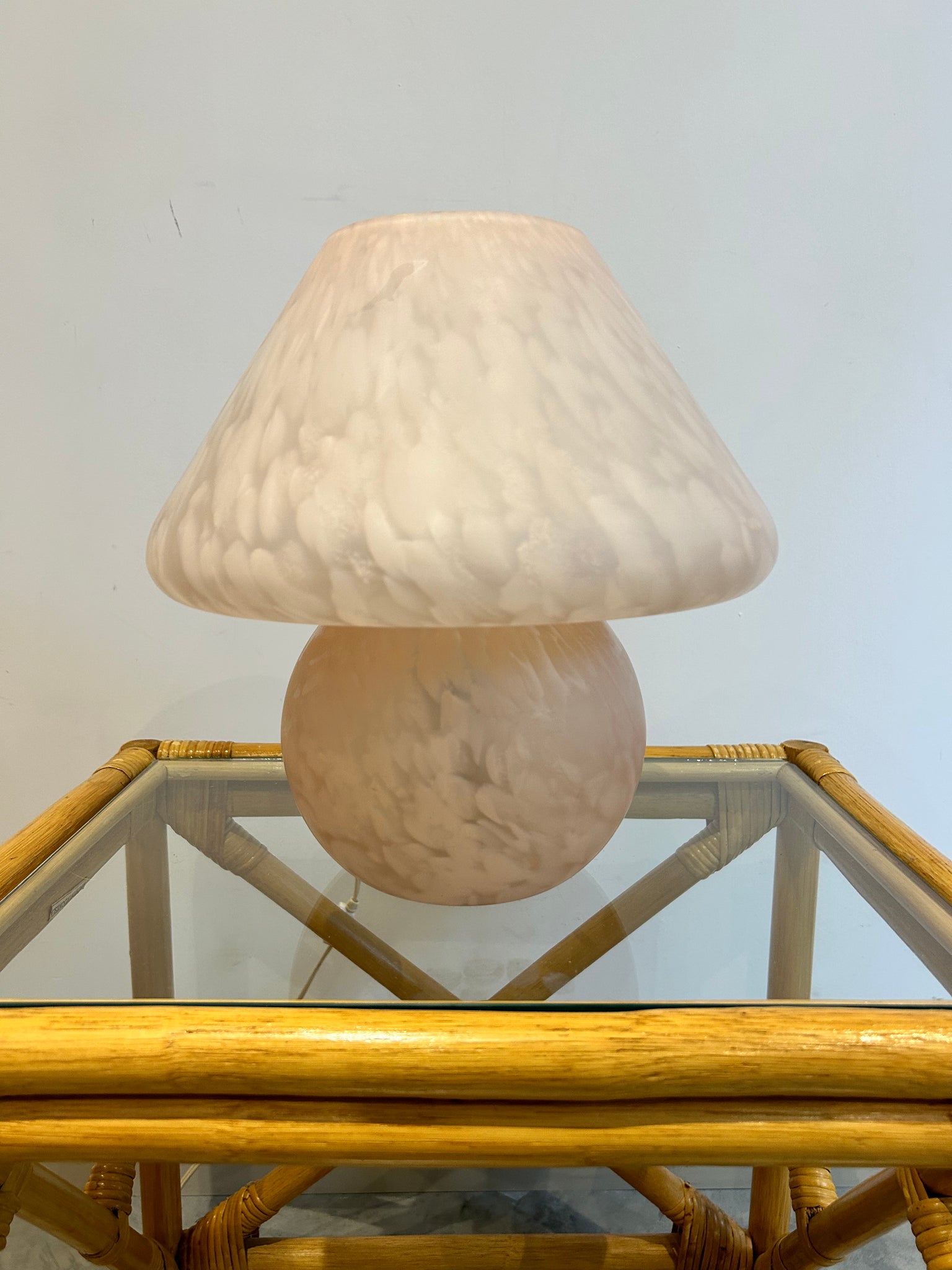 Authentic frosted & speckled pink Murano glass mushroom lamps