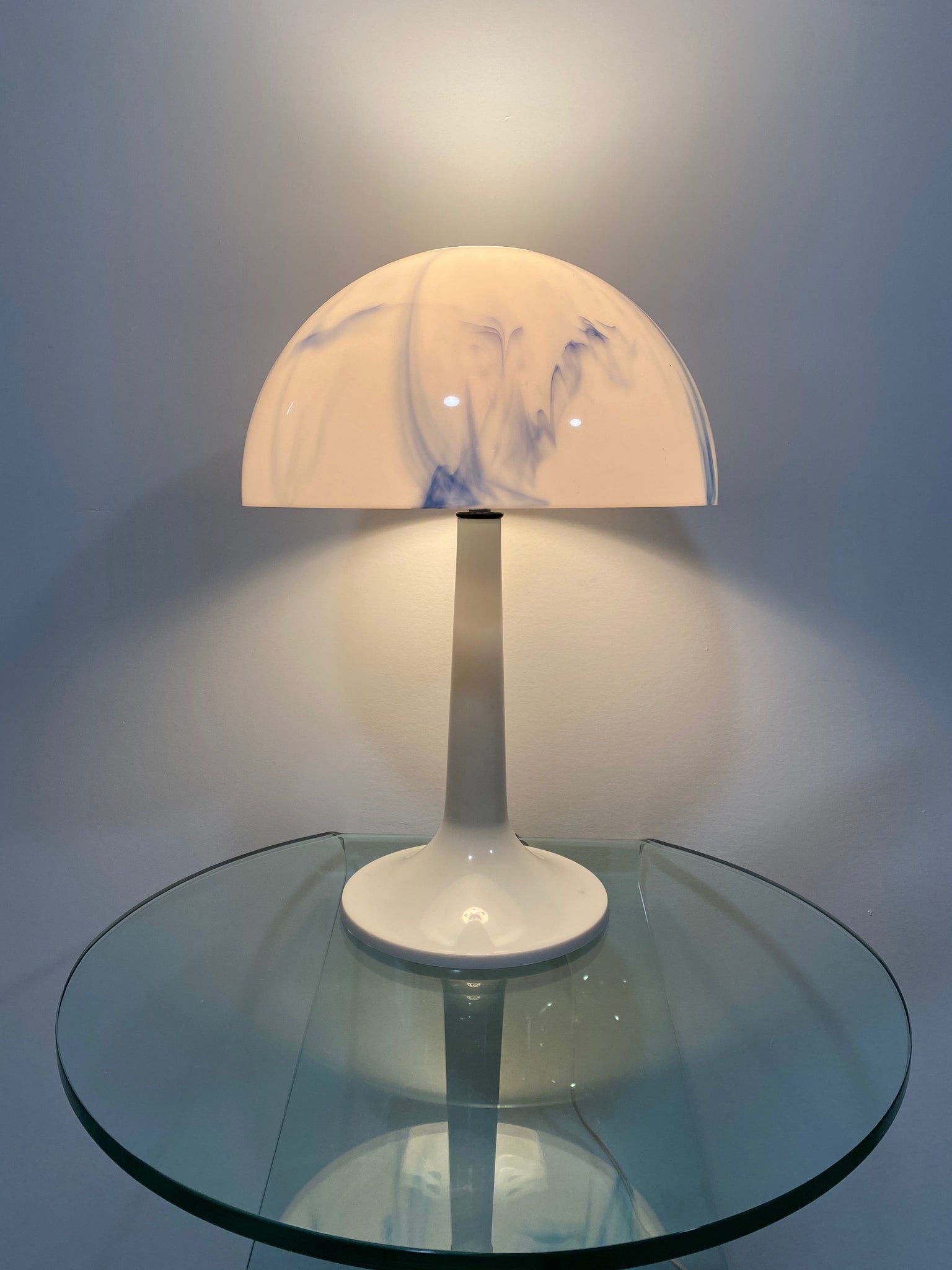 Blue marbled plastic mushroom lamp