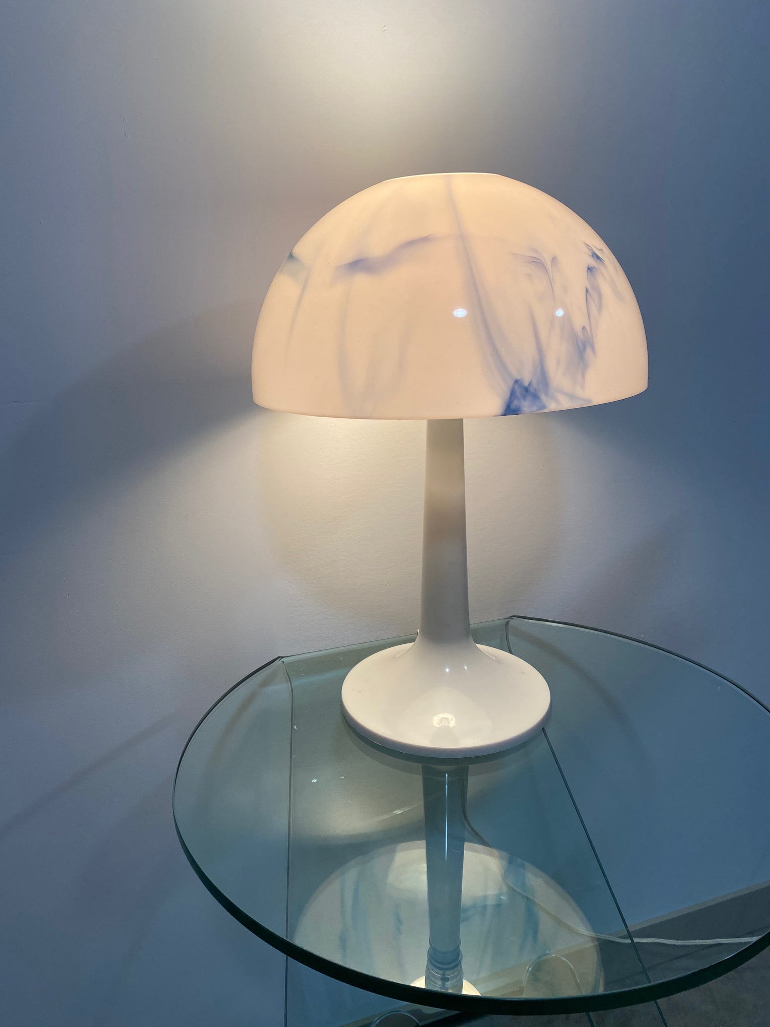 Blue marbled plastic mushroom lamp