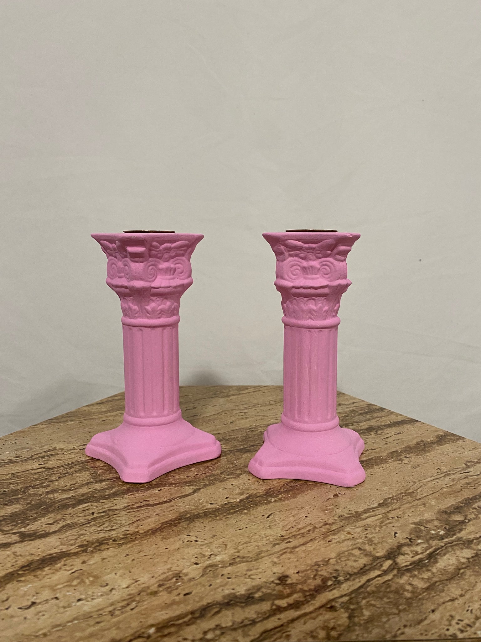 Hot pink plaster column candle holders