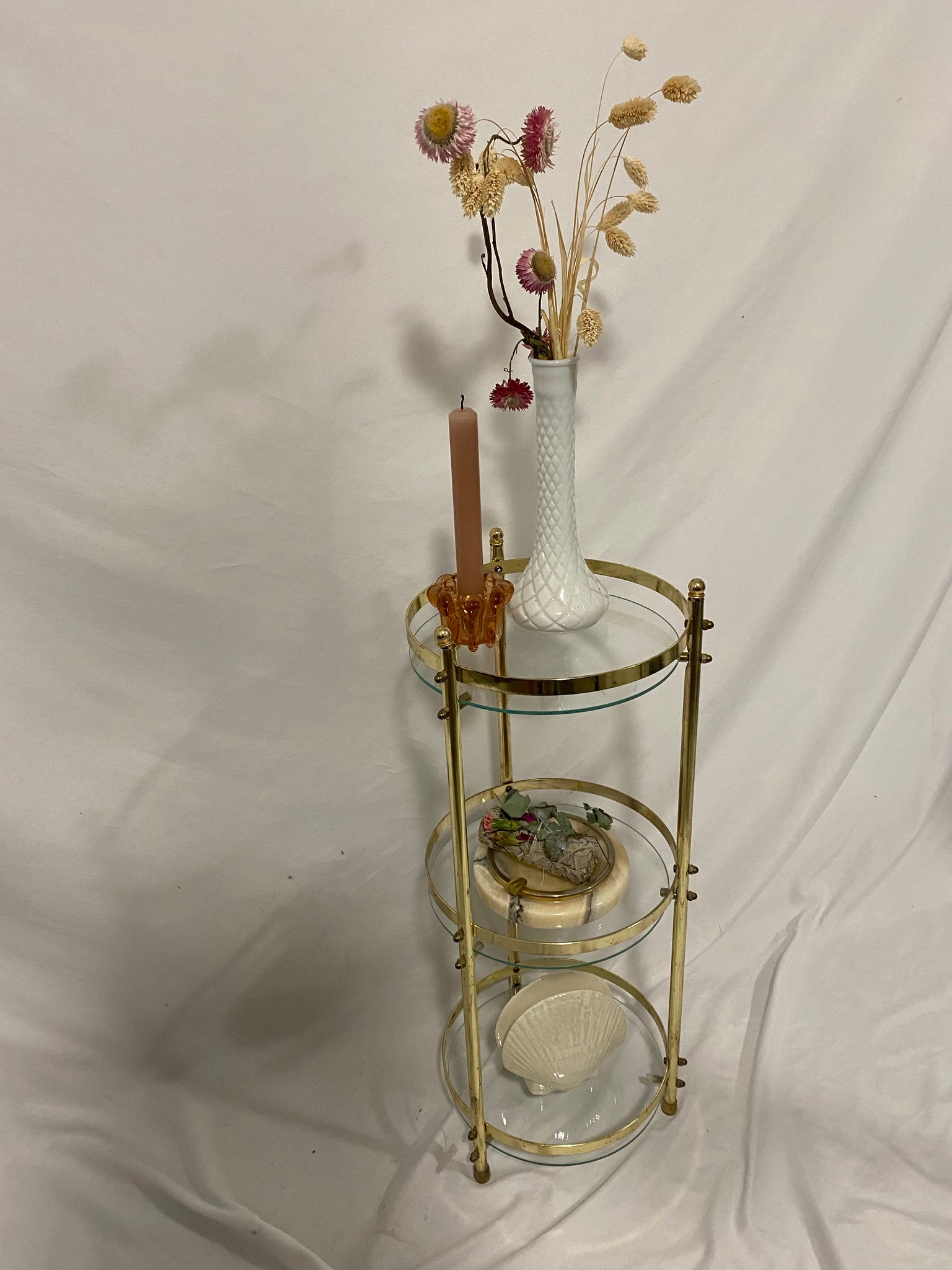 Cute little cylindrical brass & glass table / shelf