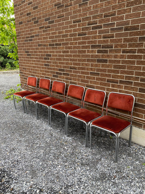 Spotted burnt orange velour & chrome chairs