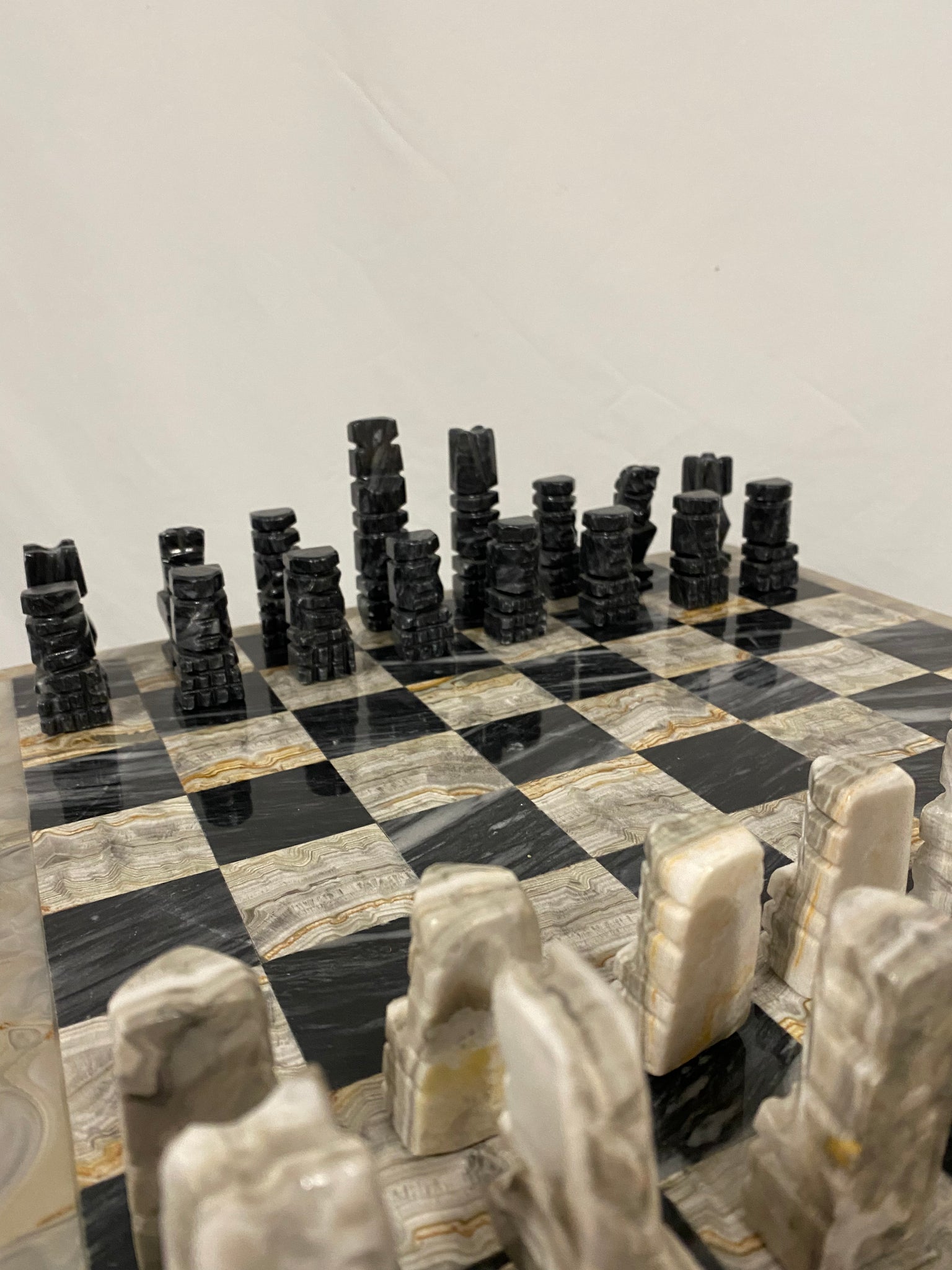 Black & white marbled onyx chess game