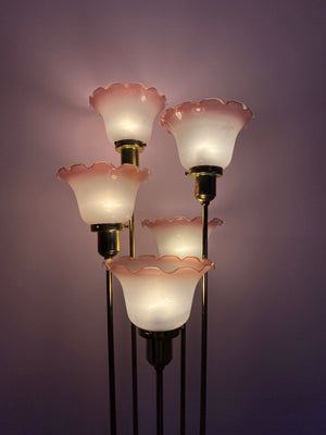 Pink & white glass flowers & brass floor lamp