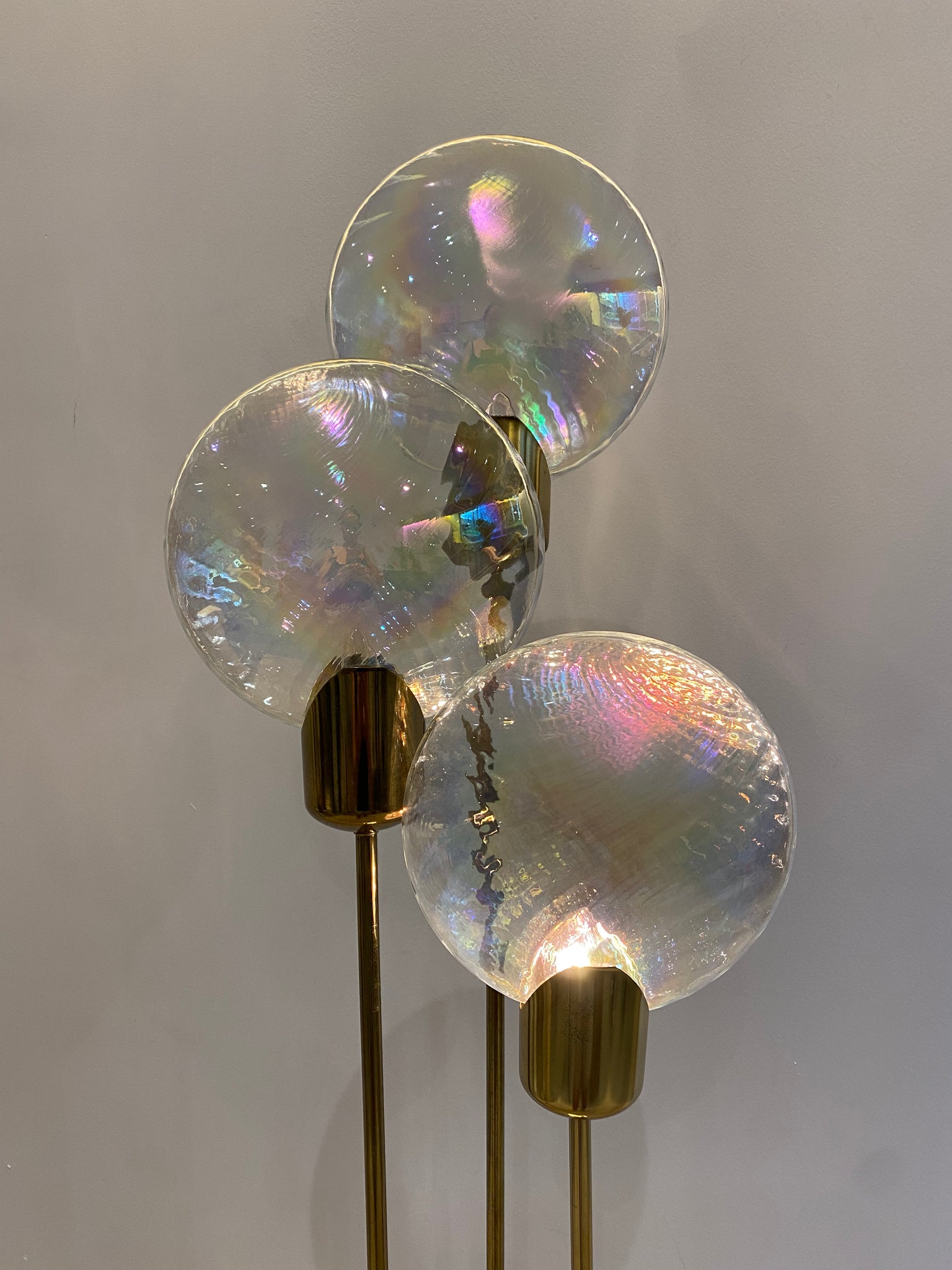 Clear iridescent handblown glass & brass lollipop floor lamp