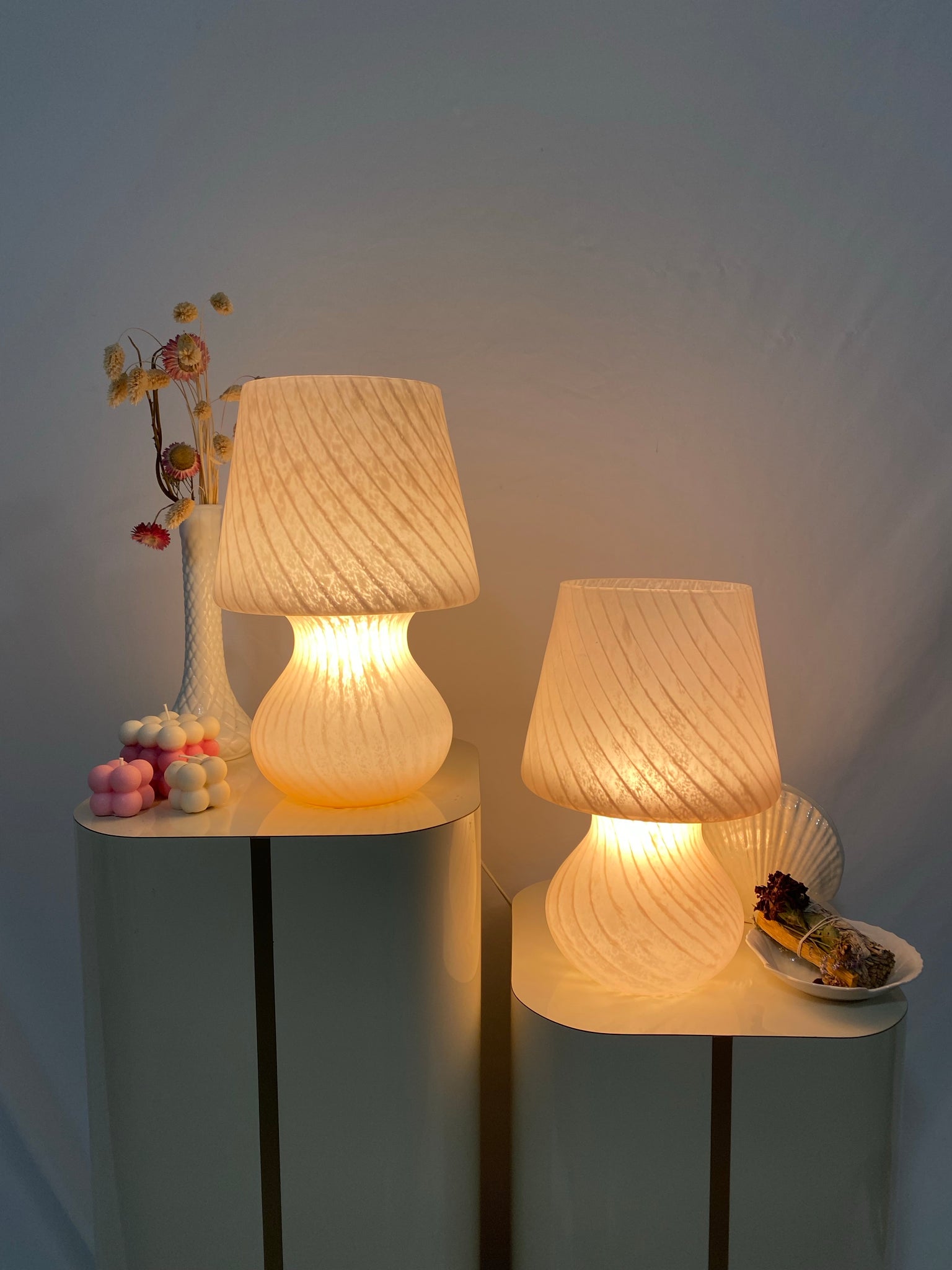 Small frosted pink Murano glass mushroom lamps