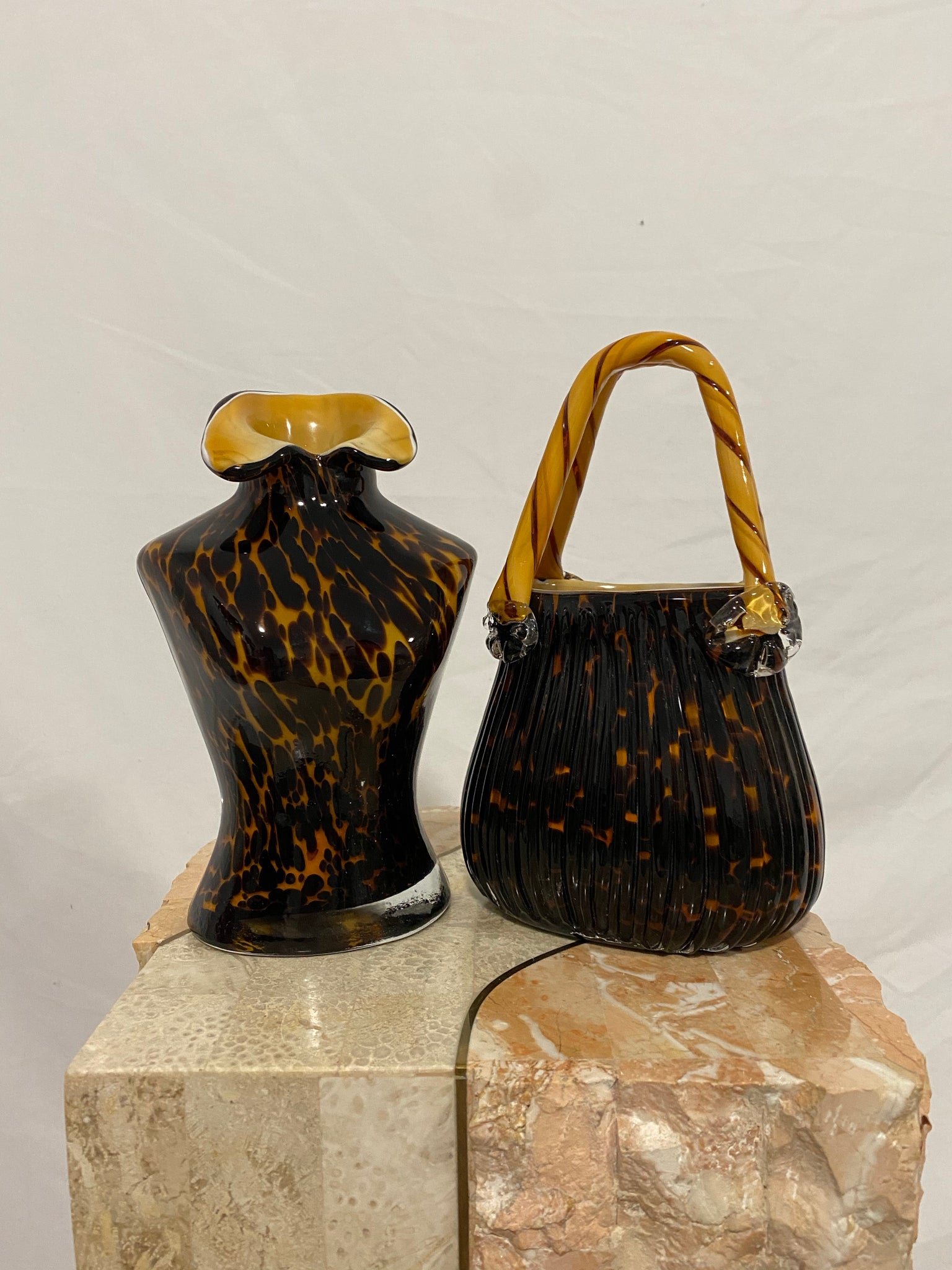 Murano style tortoise shell glass purse vase