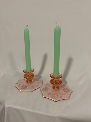 Pink depression glass style candle holders