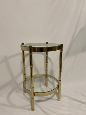 Small cylindrical brass & glass side table