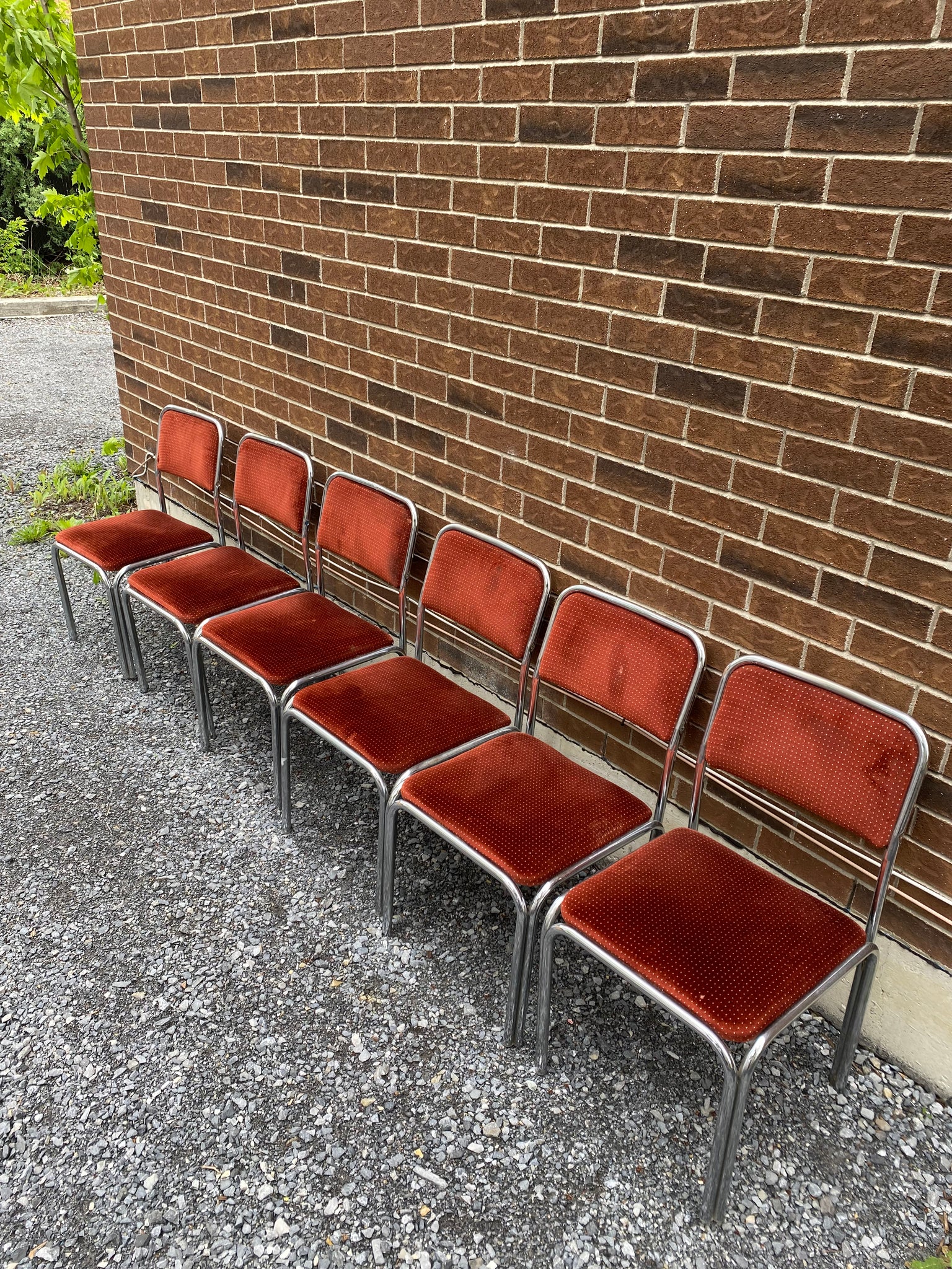 Spotted burnt orange velour & chrome chairs