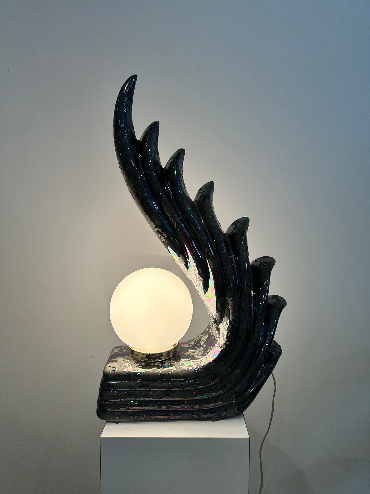 Speckled iridescent black ceramic wave art deco lamps