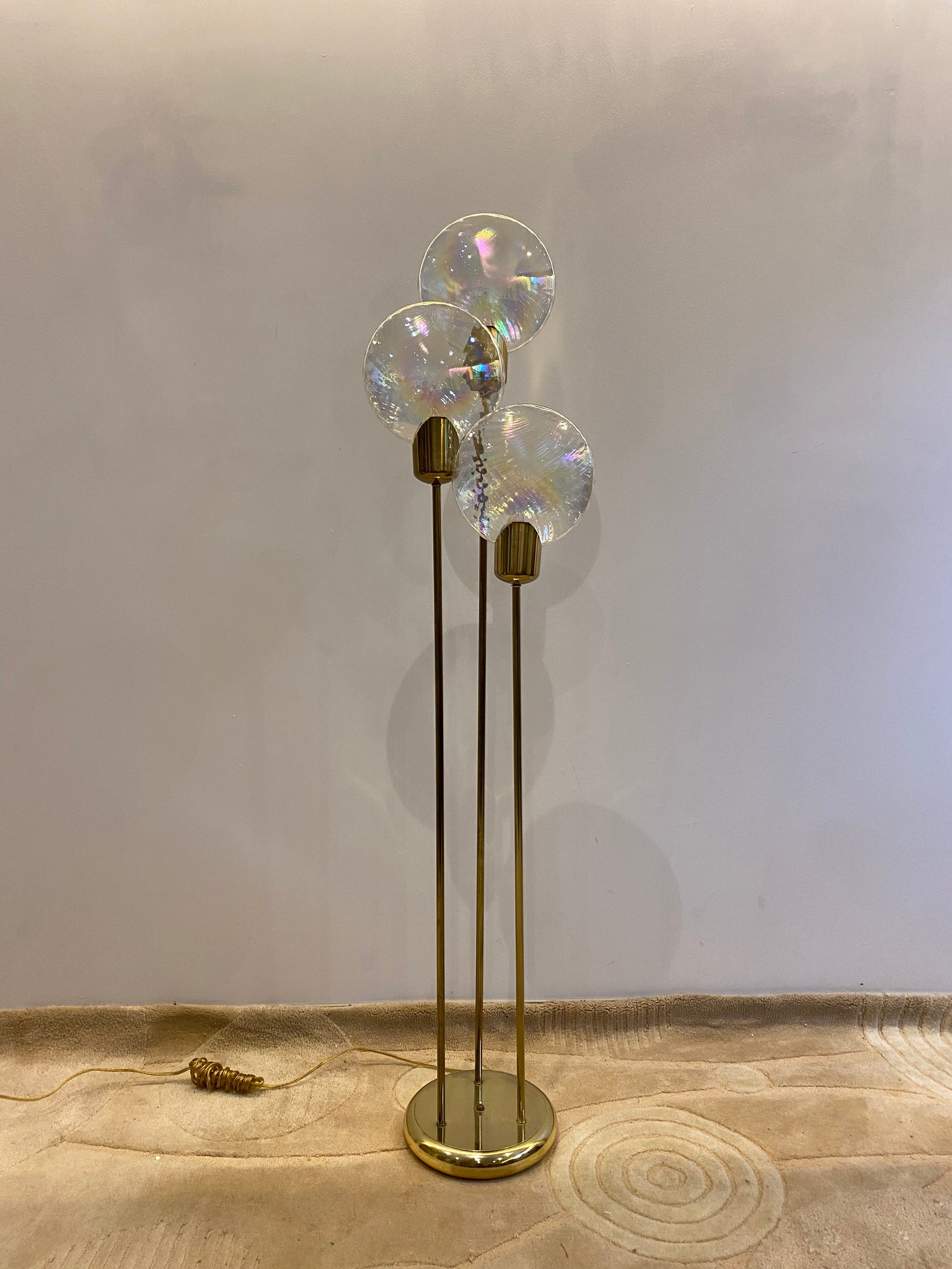 Clear iridescent handblown glass & brass lollipop floor lamp