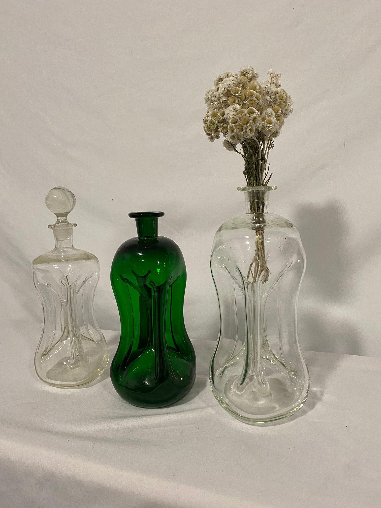 Selection of Holmegaard Kluk Kluk glass bottles