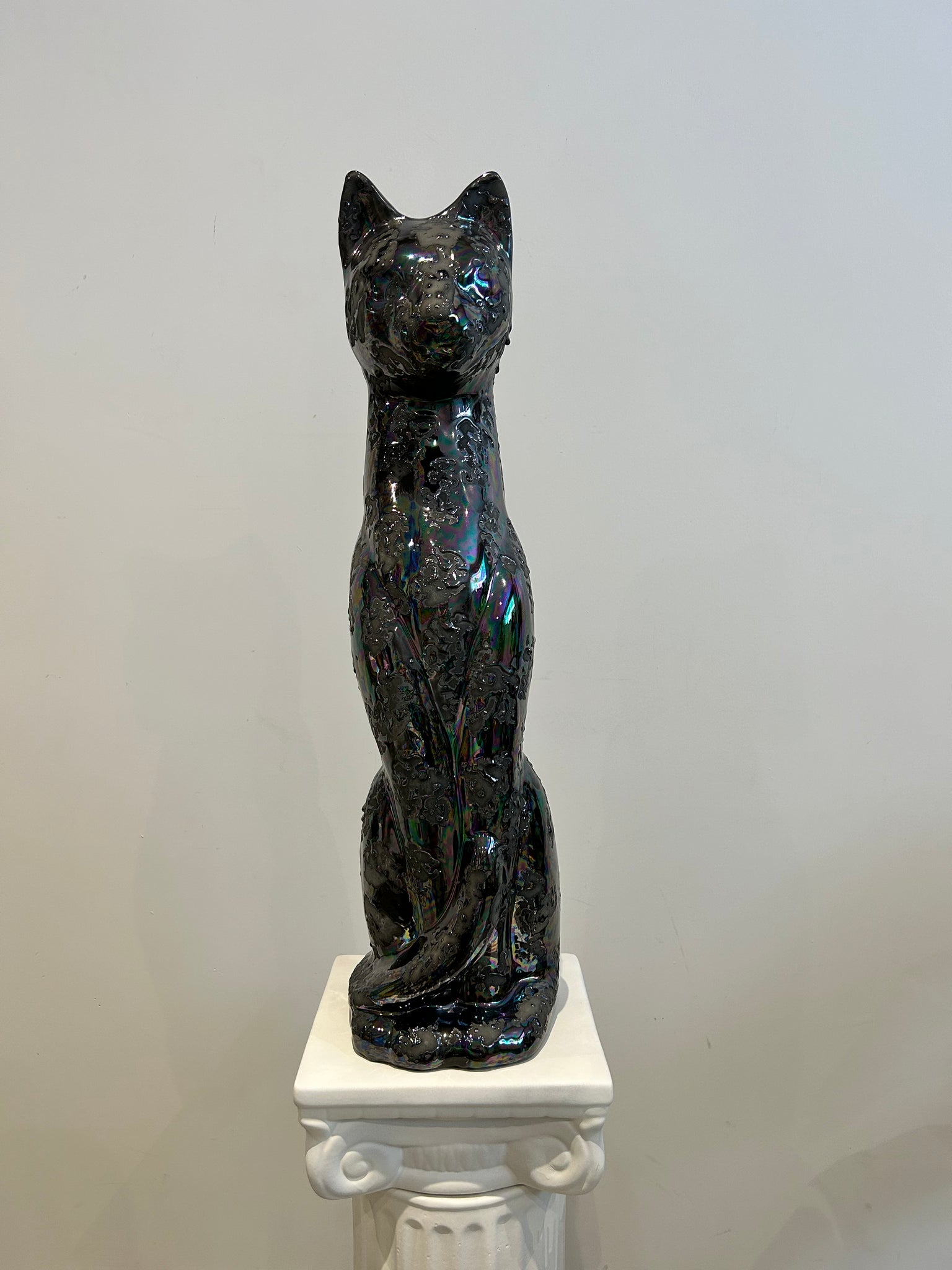 XL speckled iridescent black ceramic cat statue