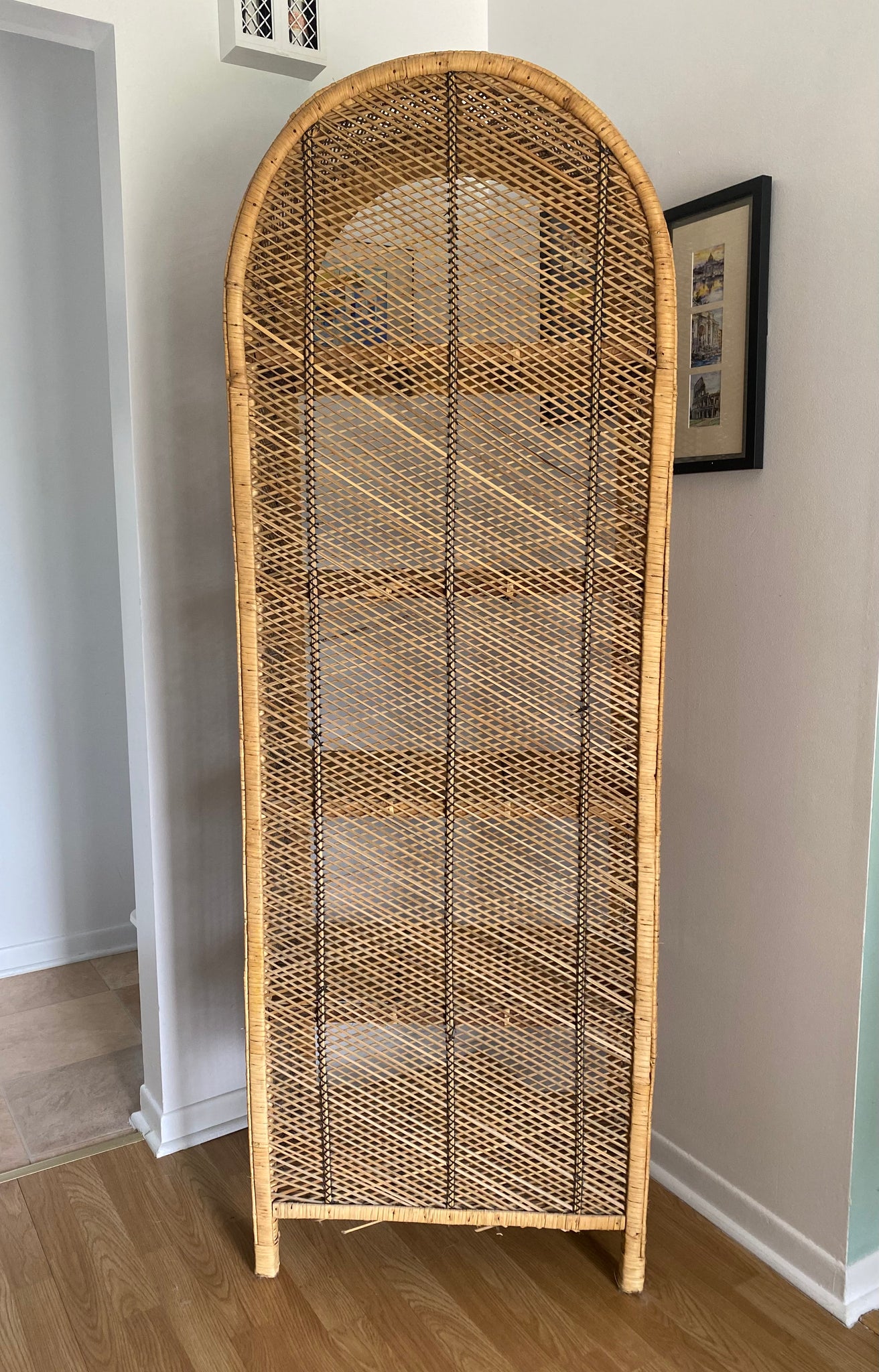 Very tall arched wicker étagère