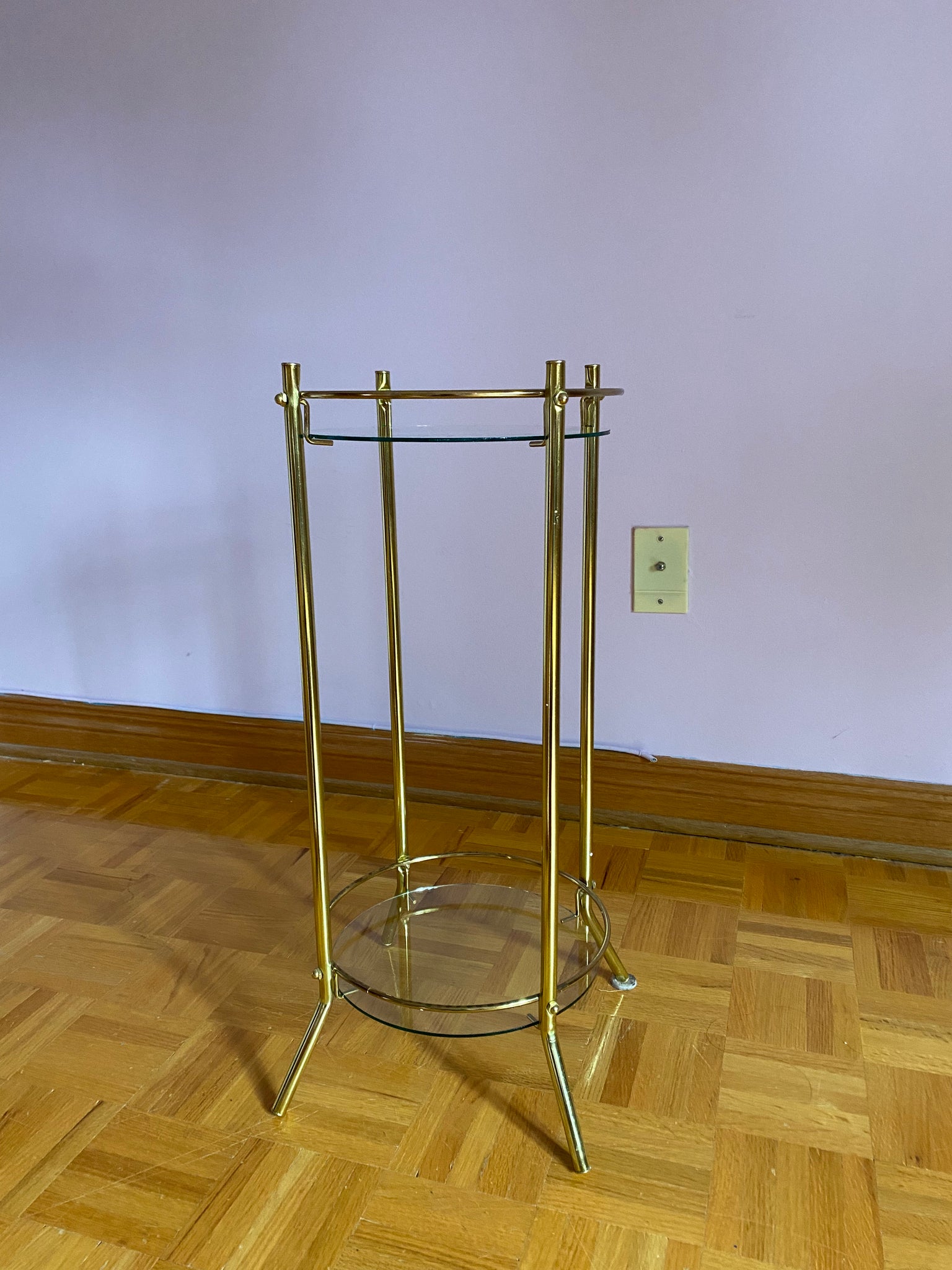 Small cylindrical brass & glass tables