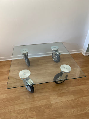 Gae Aulenti Fontana Arte style tempered glass coffee table on wheels