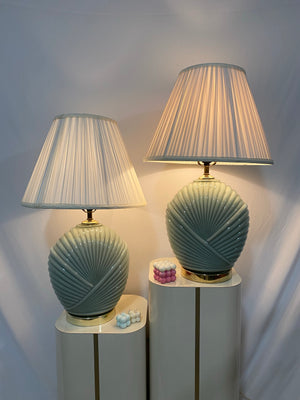 XL blue-grey art deco glass seashell lamps