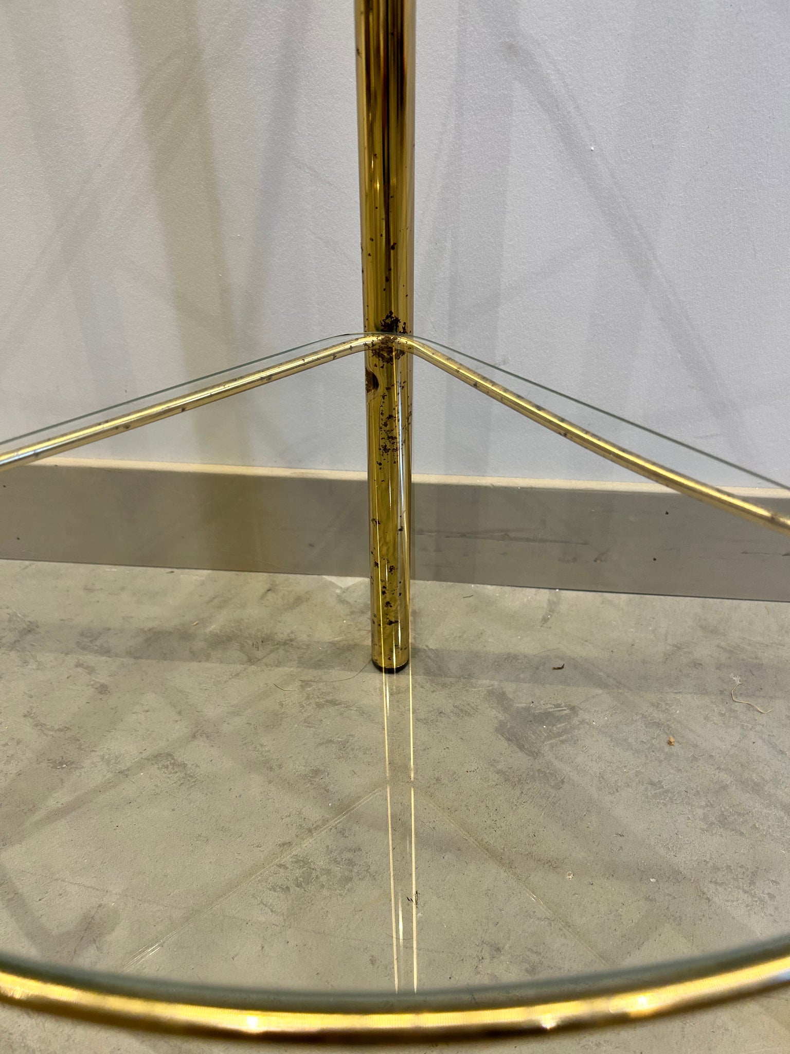 Tall slim golden brass & glass corner shelf