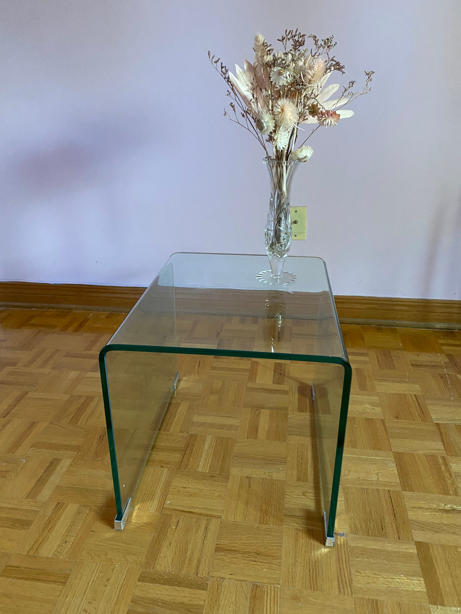 Duo of large tempered glass waterfall nesting side tables