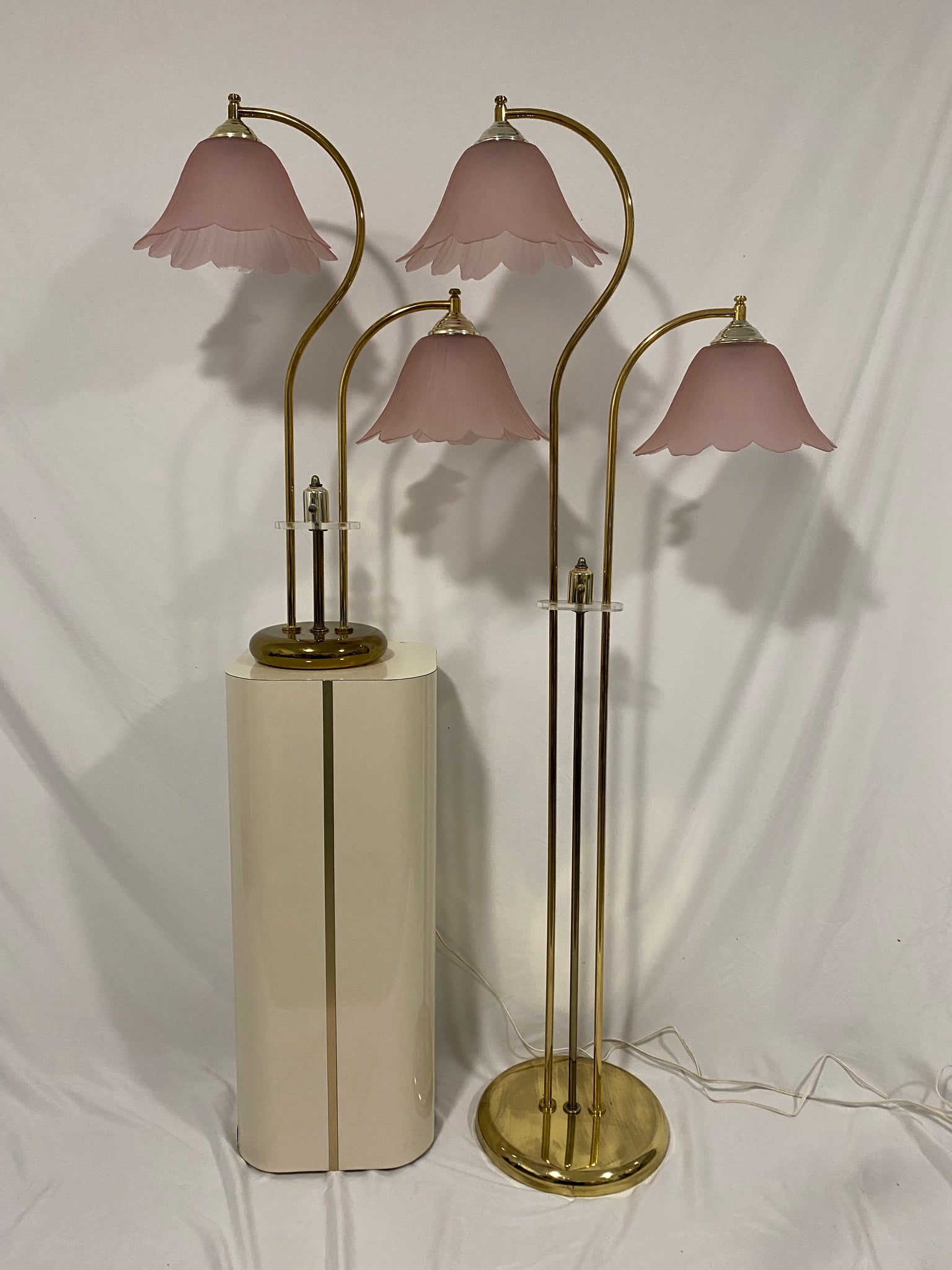 Pink frosted glass flowers and brass table & floor lamps