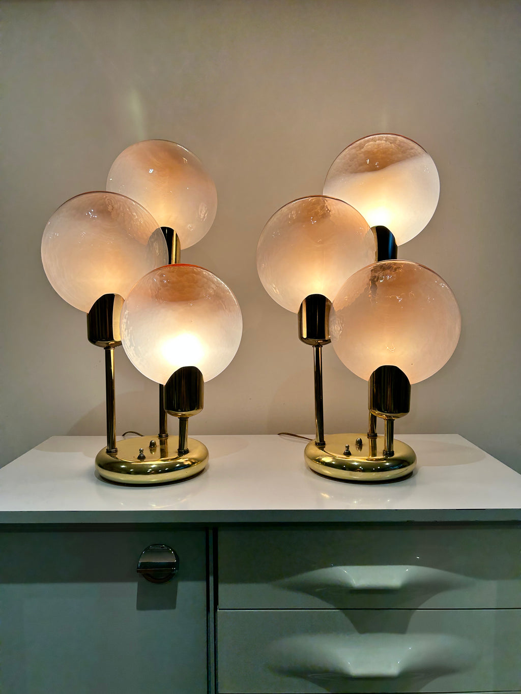 Pink Murano glass & brass lollipop table lamps