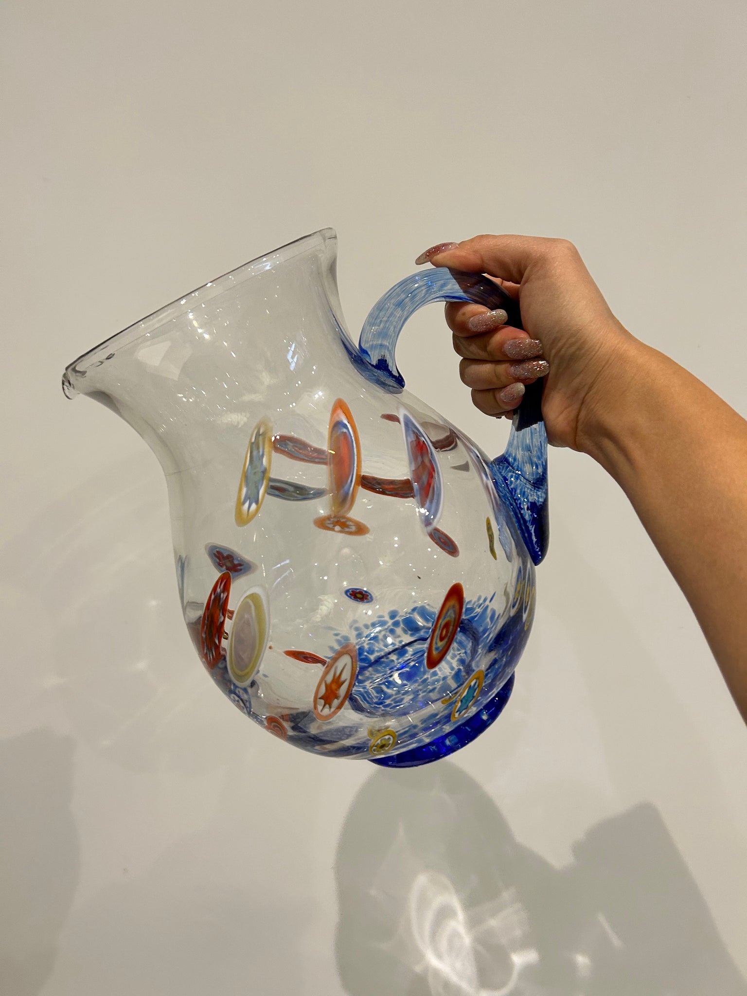 Handblown millefiori glass pitcher and glasses