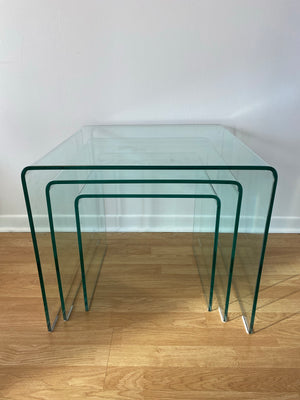 Trio of large tempered glass waterfall nesting side tables