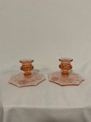 Pink depression glass style candle holders