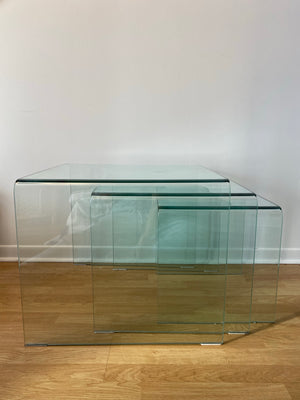 Trio of large tempered glass waterfall nesting side tables