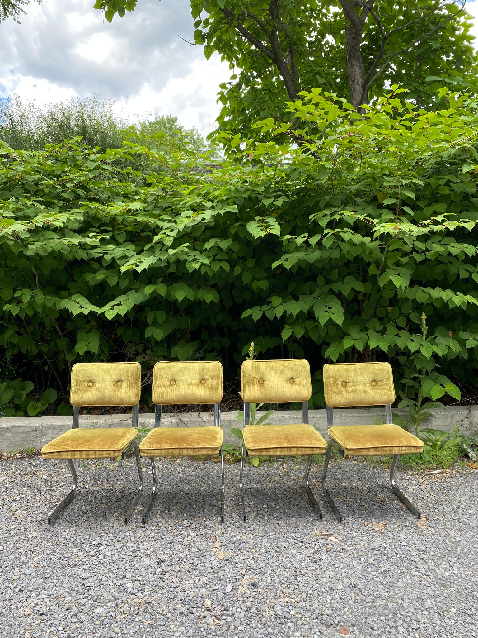 Green velour & chrome chairs