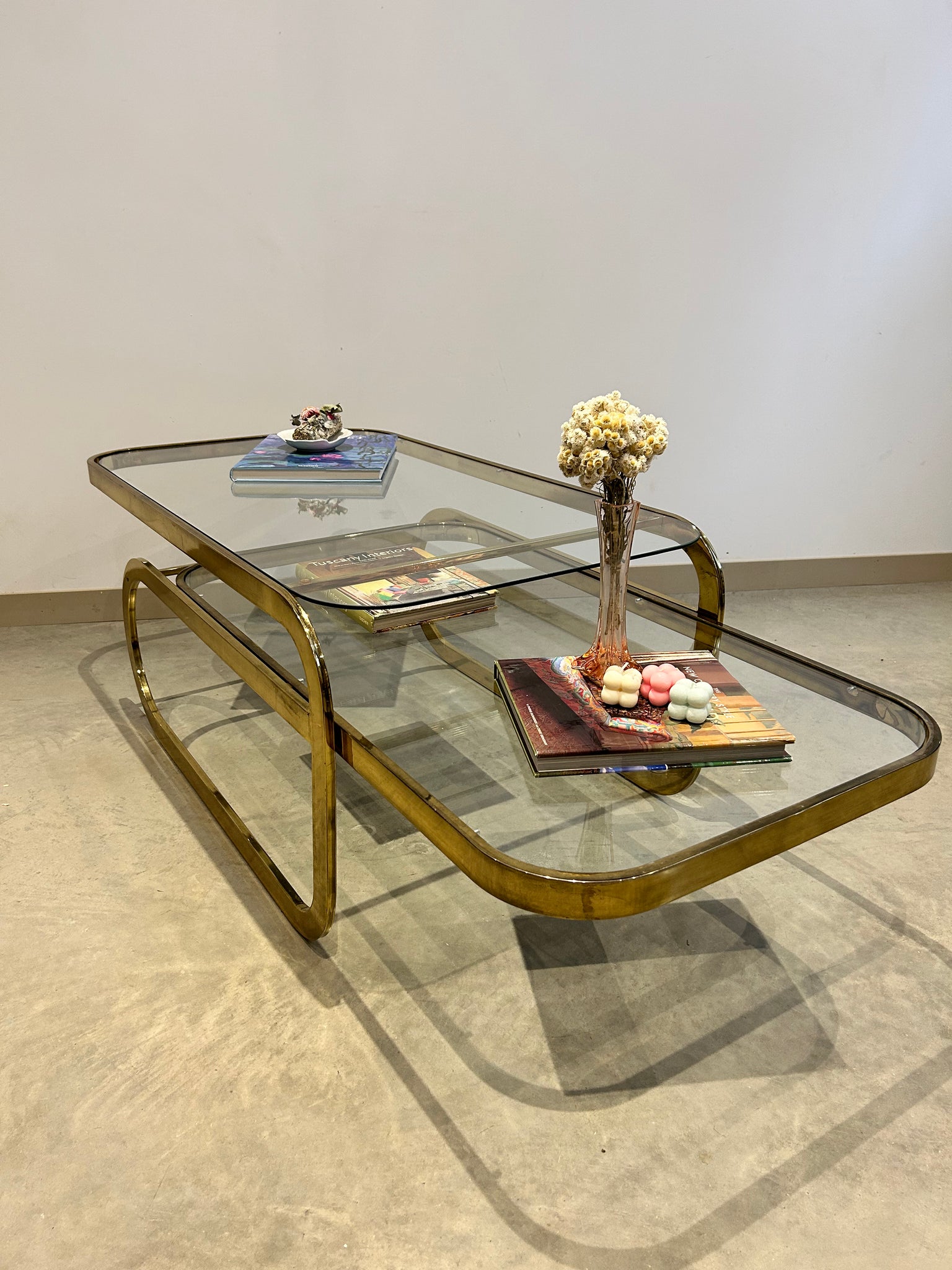 Golden brass sliding rectangular coffee table