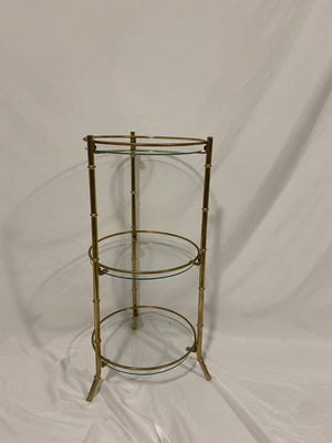 Small cylindrical brass & glass table / shelf