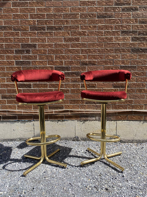 Cherry velour & golden brass swivel bar stools