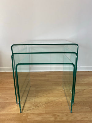 Trio of large tempered glass waterfall nesting side tables