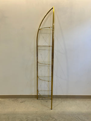 Tall slim golden brass & glass corner shelf